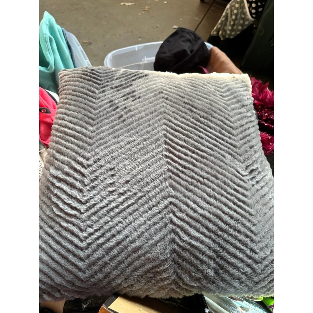 Set of 2 Grey Faux Fur Chevron Throw Pillows